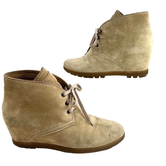 Prada women’s Tan Suede Rounded Toe Lace-Up Wedges Size: 38 - Picture 1 of 16